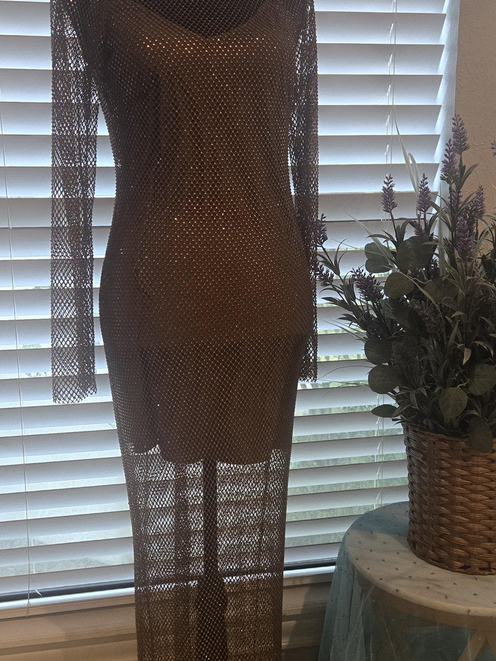 Dress the Population Brown Mesh Long Sleeve Maxi Dress